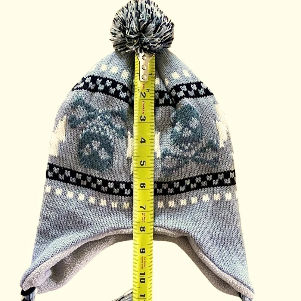 WINTER POMPOM HAT Fleece Lined Skull & Bone Grey White Black Braided Tassels